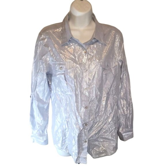 Ruby Rd Silver Glitter Button Front Shirt Blouse Size 12 - Picture 1 of 3